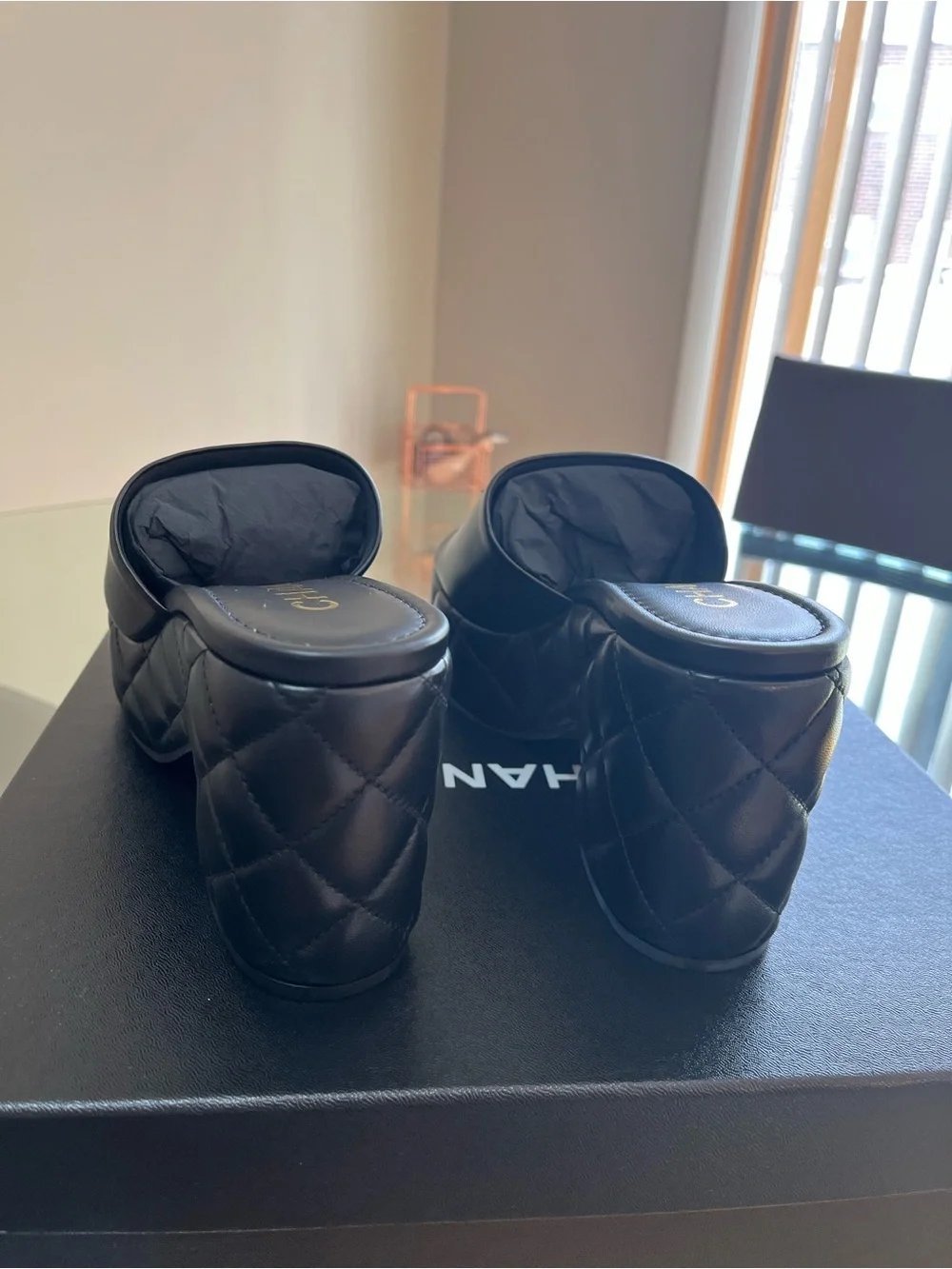 CHANEL Black Quilted Leather Platform Mules with CC Logo